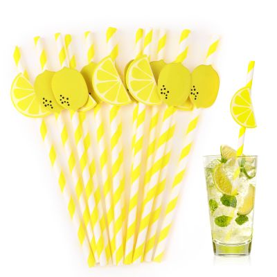 Yellow and White Straws, 20 Pcs Disposable Lemon Patterned Paper Drinking Straws Lemonade Stand Supplies Lemon Themed Party Supplies for Baby Shower, Birthday Party, DIY Craft Projects