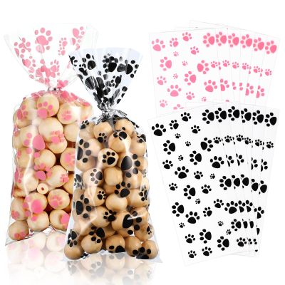 BLMHTWO 100Pcs Pet Paw Print Treat Bags, Cellophane Dog Treat Bags Paw Print Goodie Bags with 100 Silver Twist Ties for Pet Birthday Party Favor (50Pcs Balck & 50Pcs Pink)