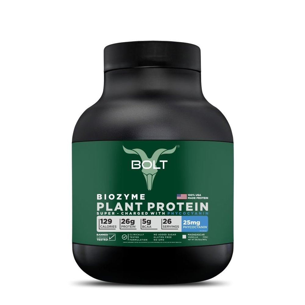 Bolt Biozyme Plant Protein | Vegan Protein with Superfood Phycocyanin and Ayurvedic Herbs | Complete Amino Acid Profile for Muscle Support and Recovery | 2Lb/32oz, 26 Servings | Madagascar Vanilla
