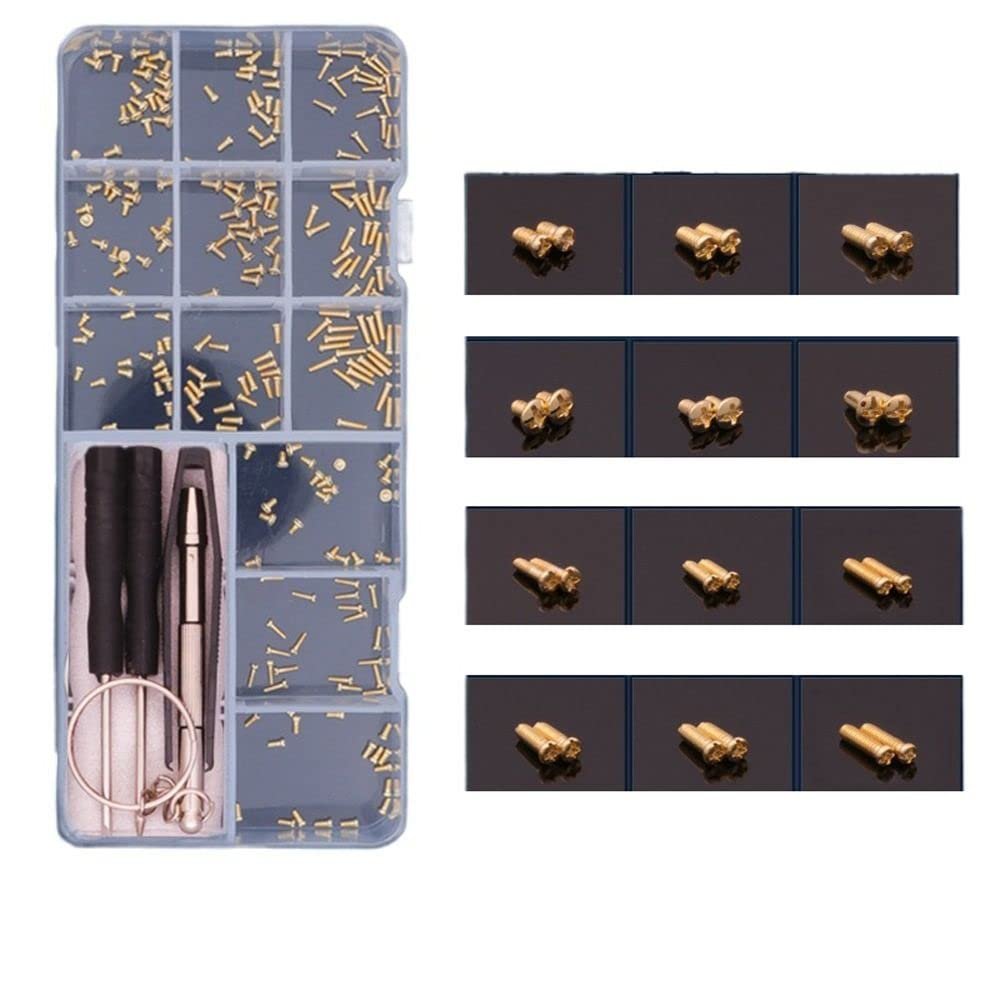 500pcs Sunglasses Eyeglasses Repair Kit, Tiny Metal Screws with Screwdriver Tweezers and Nose Pads Glasses Repair Tool Kit(Gold Cross Screws)