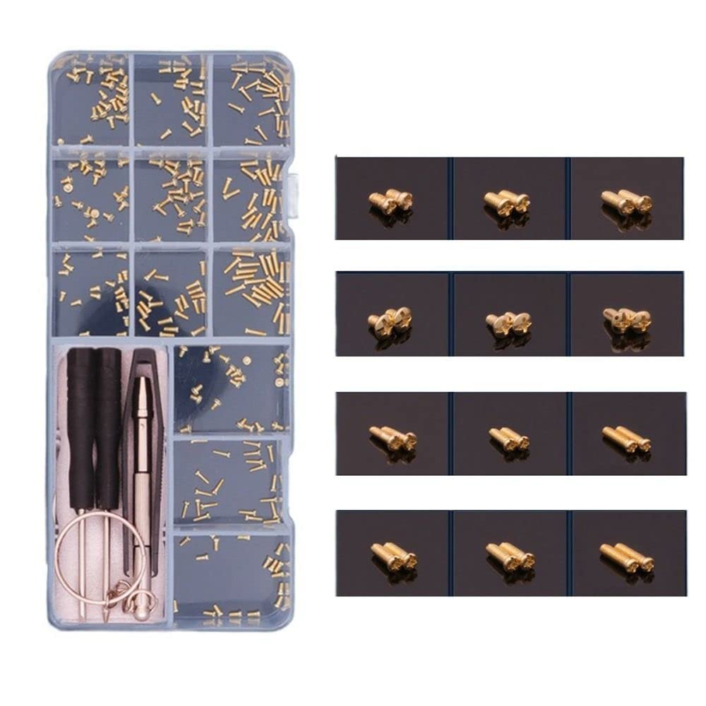 500pcs Sunglasses Eyeglasses Repair Kit, Tiny Metal Screws with Screwdriver Tweezers and Nose Pads Glasses Repair Tool Kit(Gold Slotted Screws)