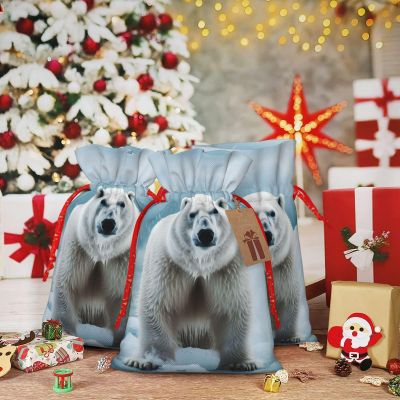 Cool Animal White Polar Bear print Christmas Gift Bag Christmas Drawstring Bag Reusable Gift Wrapping Goody Gift Bags with Gift Tag Present Storage Bag for Christmas Thanksgiving Wedding Party
