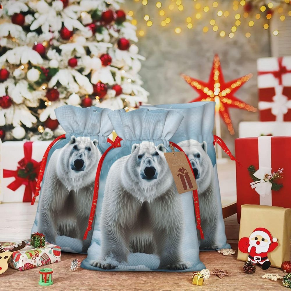 Cool Animal White Polar Bear print Christmas Gift Bag Christmas Drawstring Bag Reusable Gift Wrapping Goody Gift Bags with Gift Tag Present Storage Bag for Christmas Thanksgiving Wedding Party