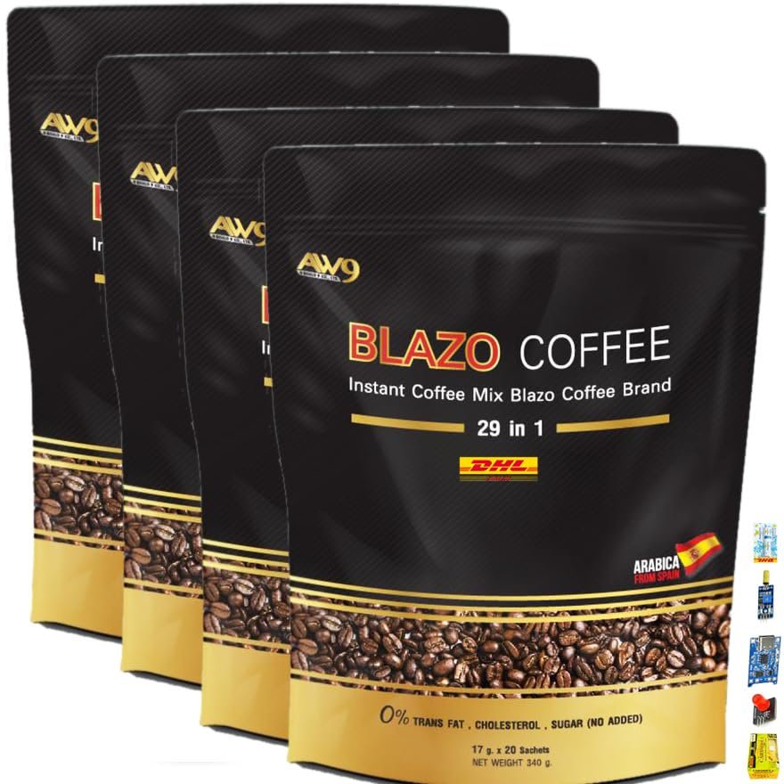 Blazo Coffee Instant Coffee Premium Arabica Non-Fat Sugar-Free 0% Snack. SHIPPING BY DHL 29in1 (Packs of 4) By Beautygoodshop [Get Free For You Beauty Gifts]