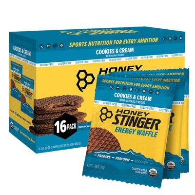 Honey Stinger Organic Gluten Free Cookies & Cream Waffle | Energy Stroopwafel for Exercise; Endurance and Performance | Sports Nutrition for Home & Gym; Pre & During Workout | 16 Waffles; 16.96 Ounce