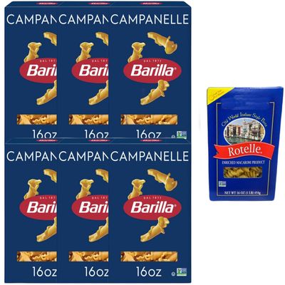 Barilla Campanelle Pasta | Non-GMO Pasta Made with Durum Wheat Semolina, 16 oz (Pack of 6) & Market Basket Rotelle Pasta Italian-Style, 12oz