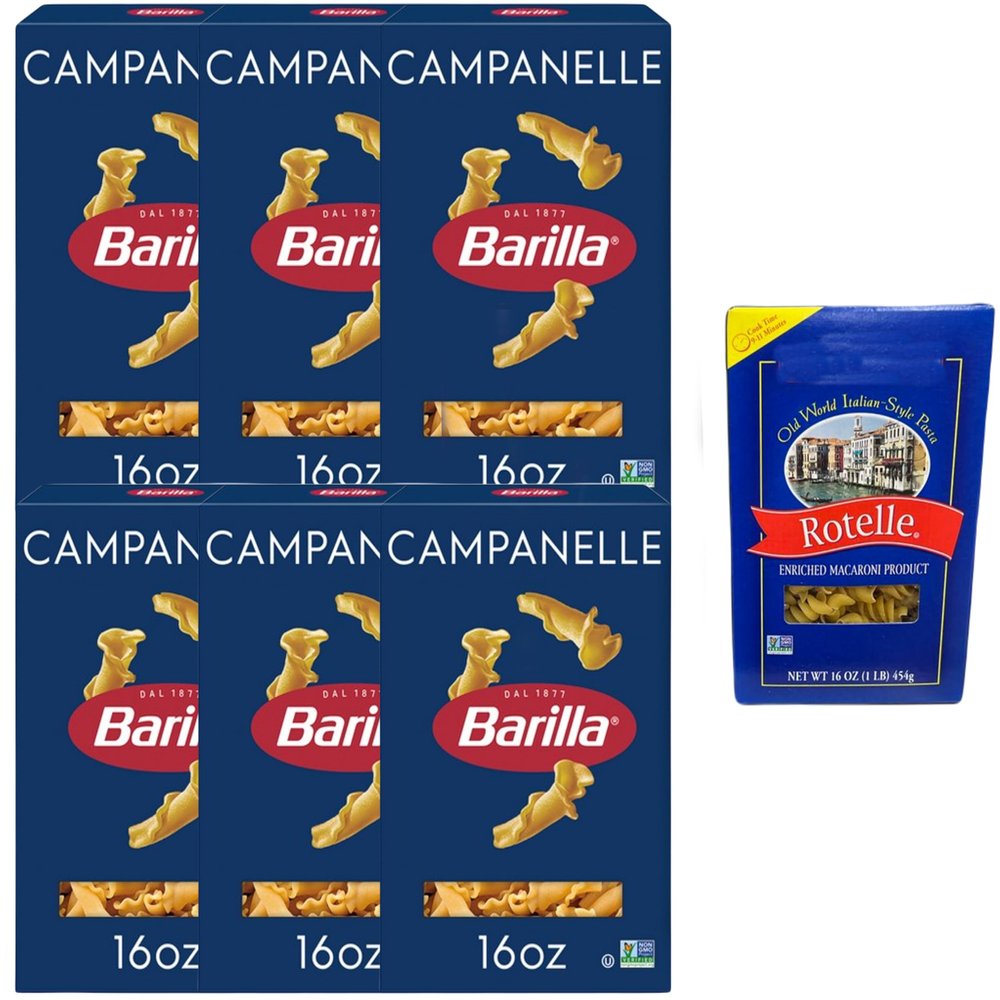 Barilla Campanelle Pasta | Non-GMO Pasta Made with Durum Wheat Semolina, 16 oz (Pack of 6) & Market Basket Rotelle Pasta Italian-Style, 12oz