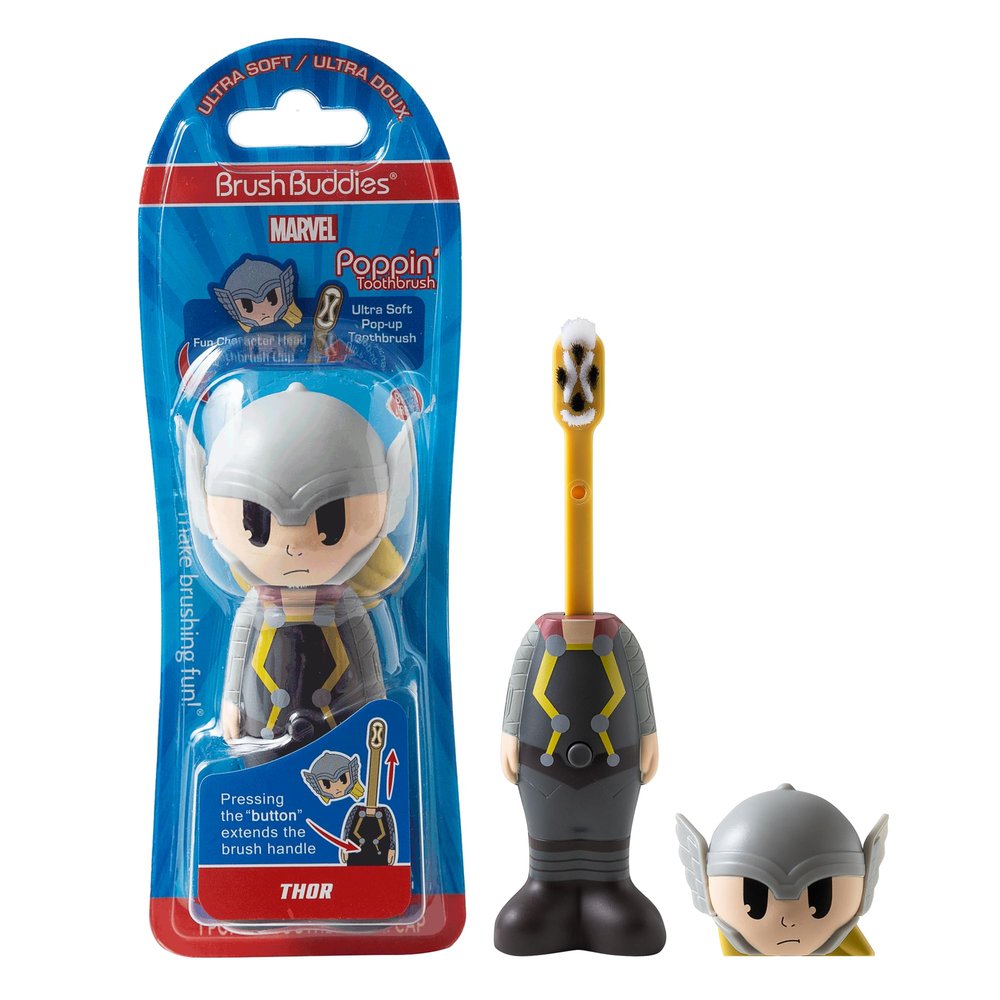 Brush Buddies Marvel Thor Kids Toothbrush, Soft Rounded Bristles, Poppin' Fun Superhero Toothbrush Cover