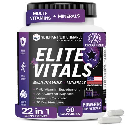 Veteran Performance Elite Vitals  Mens Daily Multivitamins with Vitamin B12, Gluten Free Immune Support Supplement for Prostate, Joint & Energy with Zinc, Green Tea, +20 Essential Vitamins  60 Caps