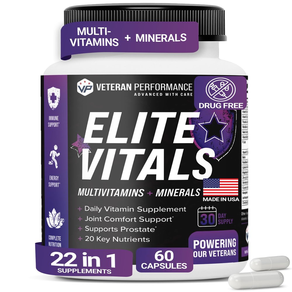 Veteran Performance Elite Vitals  Mens Daily Multivitamins with Vitamin B12, Gluten Free Immune Support Supplement for Prostate, Joint & Energy with Zinc, Green Tea, +20 Essential Vitamins  60 Caps