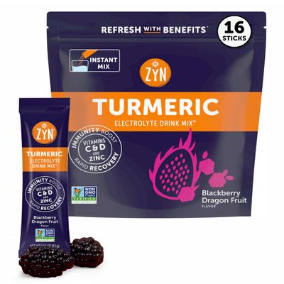 ZYN Electrolyte Drink Mix Hydration Packets, BlackBerry Dragonfruit Electrolytes Powder, Hydration Packets w/Turmeric Curcumin, Vitamin C & D, Zinc, Hydrate & Recover Electrolyte Powder, Pack of 16