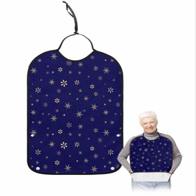 Adult Bibs for Elderly Women - Blue Snowflake Christmas Waterproof Dining Clothing Protectors with Crumb Catcher for Eating/Feeding, Xmas Yellow Winter Snowflake Terry Cloth Bib Machine Washable
