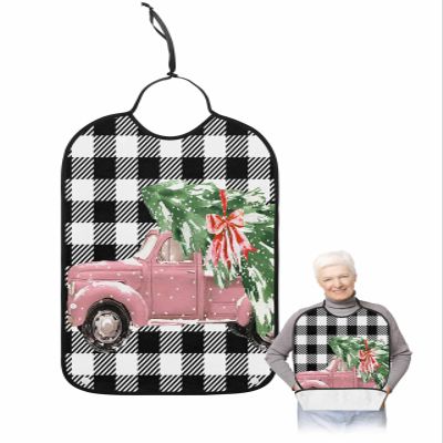 Adult Bibs for Elderly Women - Pink Truck Christmas Waterproof Dining Clothing Protectors with Crumb Catcher for Eating/Feeding, Xmas Tree Winter Snowflake Black White Plaid Terry Cloth Bib Washable