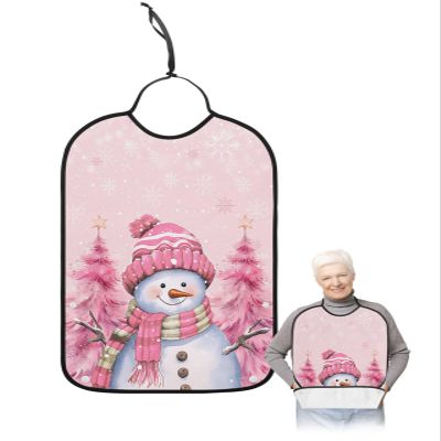 Adult Bibs for Elderly Women - Pink Snowman Christmas Waterproof Dining Clothing Protectors with Crumb Catcher for Eating/Feeding, Xmas Tree Winter Snowflake Pink Terry Cloth Bib Machine Washable