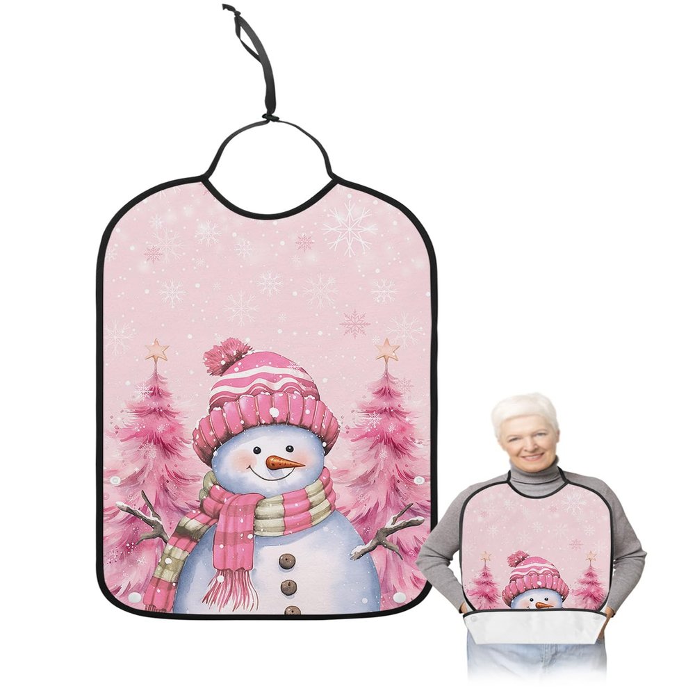 Adult Bibs for Elderly Women - Pink Snowman Christmas Waterproof Dining Clothing Protectors with Crumb Catcher for Eating/Feeding, Xmas Tree Winter Snowflake Pink Terry Cloth Bib Machine Washable