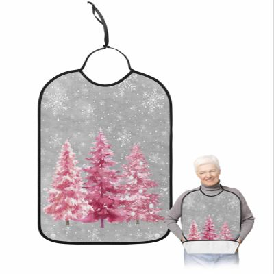 Adult Bibs for Elderly Women - Pink Christmas Tree Waterproof Dining Clothing Protectors with Crumb Catcher for Eating/Feeding, Xmas Tree Winter Snowflake Grey Terry Cloth Bib Machine Washable
