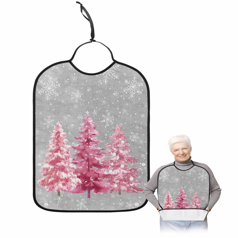 Adult Bibs for Elderly Women - Pink Christmas Tree Waterproof Dining Clothing Protectors with Crumb Catcher for Eating/Feeding, Xmas Tree Winter Snowflake Grey Terry Cloth Bib Machine Washable