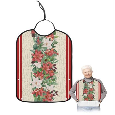 Adult Bibs for Elderly Women - Christmas Poinsettia Waterproof Dining Clothing Protectors with Crumb Catcher for Eating/Feeding, Red Pink Botanical Xmas Pine Cones Terry Cloth Bib Machine Washable