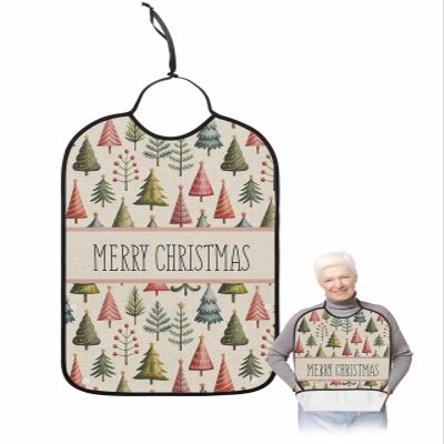 Adult Bibs for Elderly Women - Christmas Tree Waterproof Dining Clothing Protectors with Crumb Catcher for Eating/Feeding, Watercolor Xmas Tree Rustic Merry Christmas Terry Cloth Bib Machine Washable