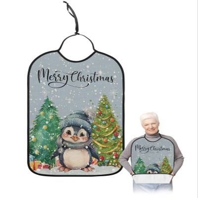 Kewadony Adult Bibs for Elderly Women - Blue Penguin Christmas Waterproof Dining Clothing Protectors with Crumb Catcher for Eating/Feeding, Xmas Tree Winter Snowflake Terry Cloth Bib Machine Washable