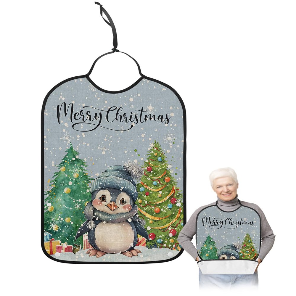Kewadony Adult Bibs for Elderly Women - Blue Penguin Christmas Waterproof Dining Clothing Protectors with Crumb Catcher for Eating/Feeding, Xmas Tree Winter Snowflake Terry Cloth Bib Machine Washable