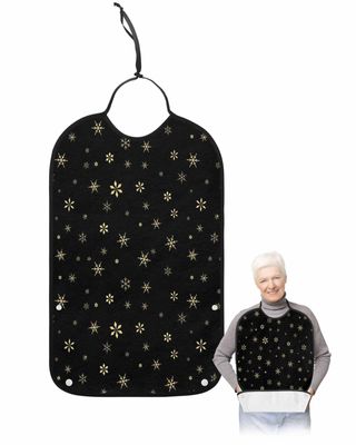 Adult Bibs for Elderly Women - Black Snowflake Christmas Waterproof Dining Clothing Protectors with Crumb Catcher for Eating/Feeding, Xmas Yellow Winter Snowflake Terry Cloth Bib Machine Washable