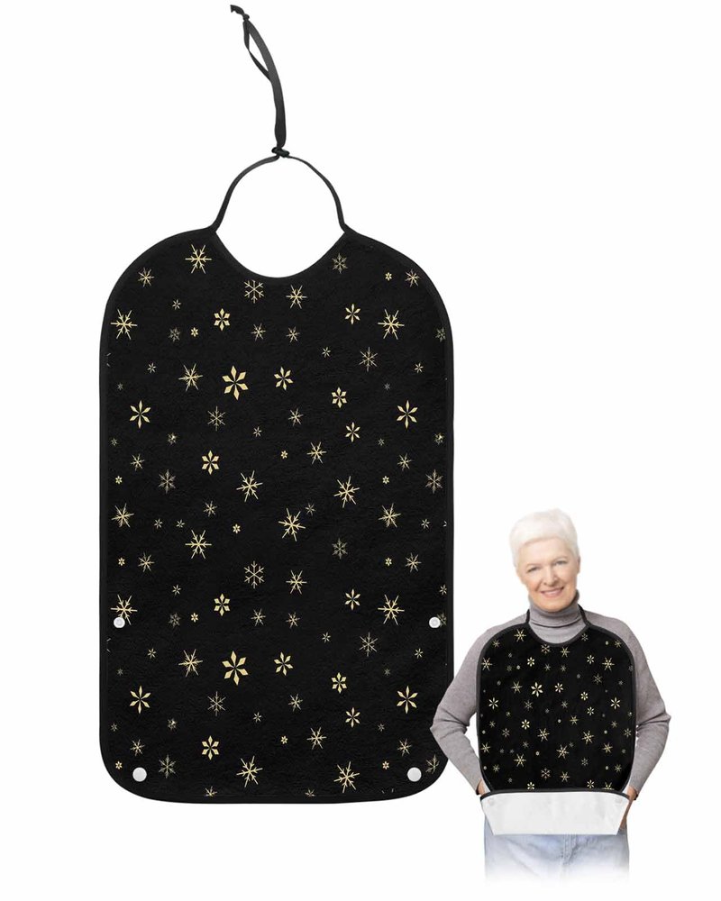 Adult Bibs for Elderly Women - Black Snowflake Christmas Waterproof Dining Clothing Protectors with Crumb Catcher for Eating/Feeding, Xmas Yellow Winter Snowflake Terry Cloth Bib Machine Washable