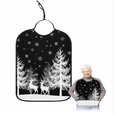 Adult Bibs for Elderly Women - Christmas Tree Waterproof Dining Clothing Protectors with Crumb Catcher for Eating/Feeding, Xmas Elk Winter Snowflake Classic Black Terry Cloth Bib Machine Washable