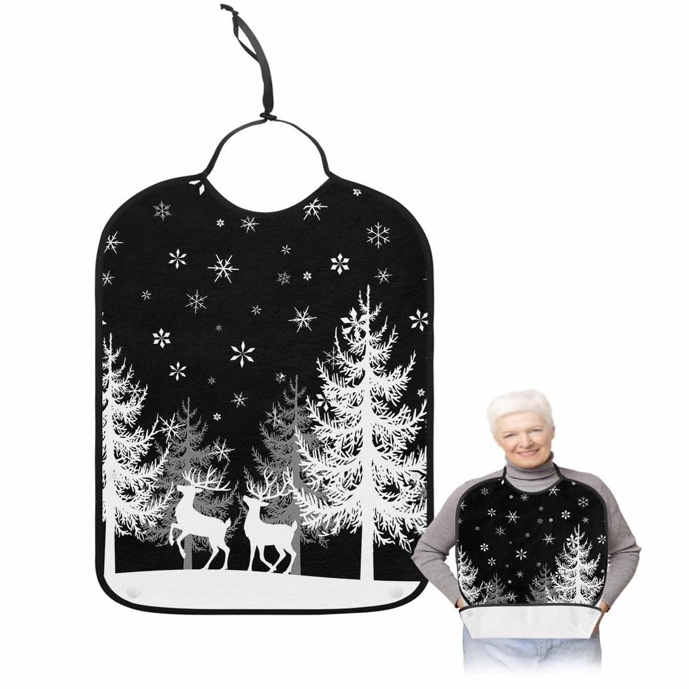 Adult Bibs for Elderly Women - Christmas Tree Waterproof Dining Clothing Protectors with Crumb Catcher for Eating/Feeding, Xmas Elk Winter Snowflake Classic Black Terry Cloth Bib Machine Washable