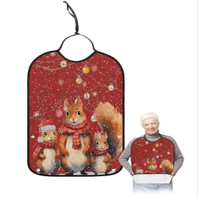 Adult Bibs for Elderly Women - Red Squirrels Christmas Waterproof Dining Clothing Protectors with Crumb Catcher for Eating/Feeding, Xmas Tree Balls Winter Snowflake Terry Cloth Bib Machine Washable