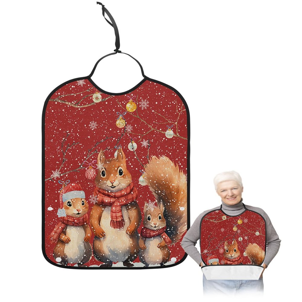 Adult Bibs for Elderly Women - Red Squirrels Christmas Waterproof Dining Clothing Protectors with Crumb Catcher for Eating/Feeding, Xmas Tree Balls Winter Snowflake Terry Cloth Bib Machine Washable