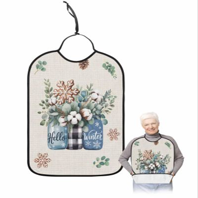 Adult Bibs for Elderly Women - Christmas Waterproof Dining Clothing Protectors with Crumb Catcher for Eating/Feeding, Xmas Poinsettia Berry Pine Cones Rustic Hello Winter Terry Cloth Bib Washable