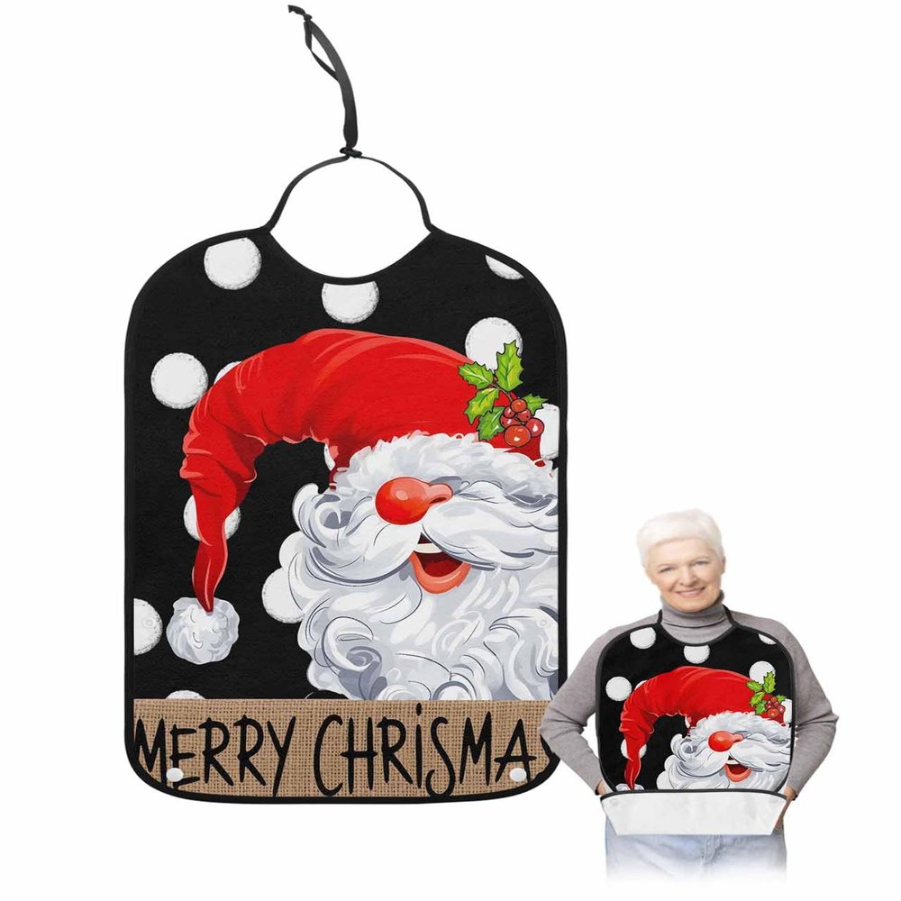 Adult Bibs for Elderly Women - Merry Christmas Waterproof Dining Clothing Protectors with Crumb Catcher for Eating/Feeding, Red Xmas Gnomes White Polka Dots Black Terry Cloth Bib Machine Washable