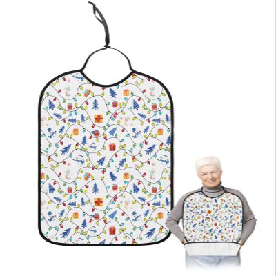 Adult Bibs for Elderly Women - Christmas Waterproof Dining Clothing Protectors with Crumb Catcher for Eating/Feeding, Colorful Lights Xmas Tree Winter Snowman Snowflake Terry Cloth Bib Washable