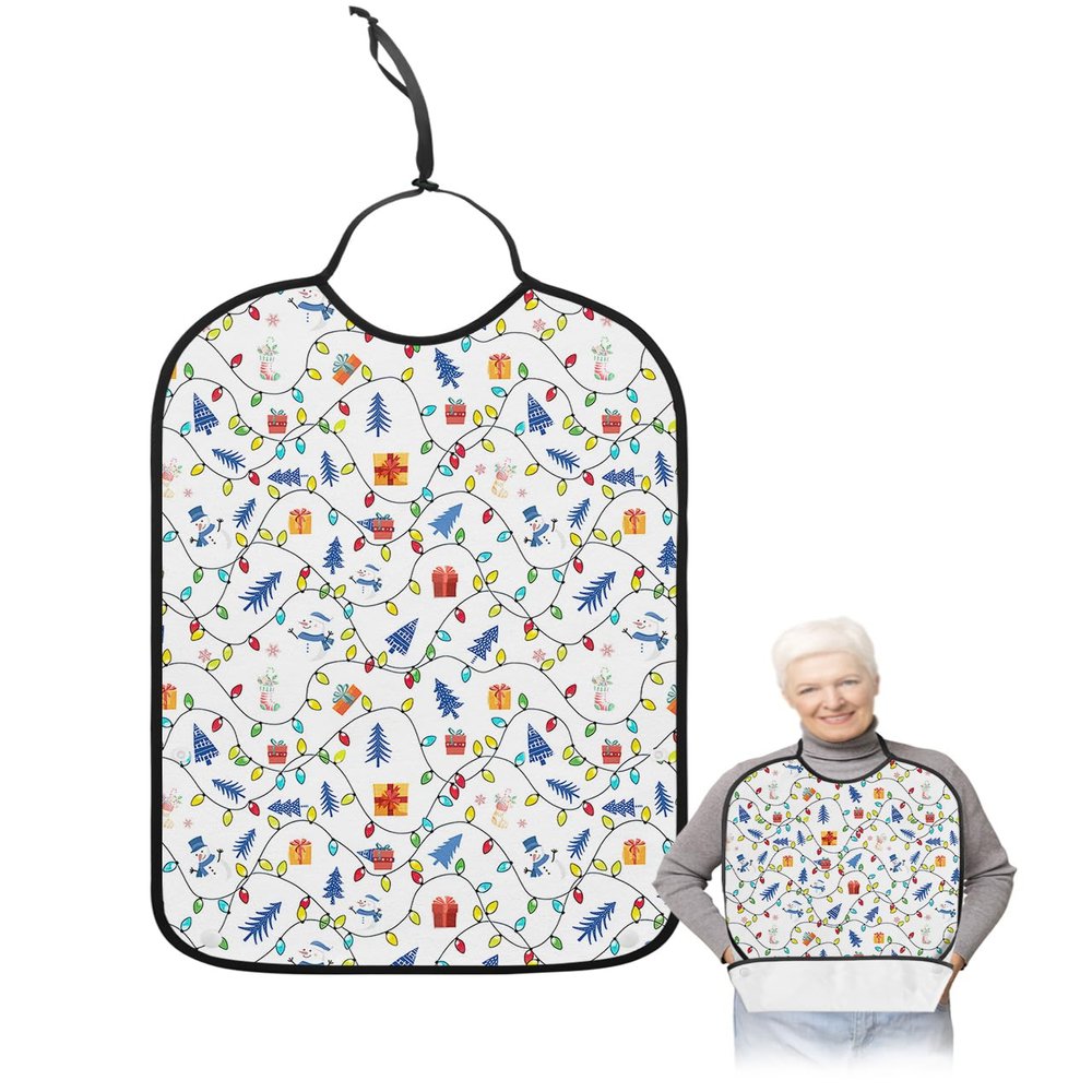 Adult Bibs for Elderly Women - Christmas Waterproof Dining Clothing Protectors with Crumb Catcher for Eating/Feeding, Colorful Lights Xmas Tree Winter Snowman Snowflake Terry Cloth Bib Washable