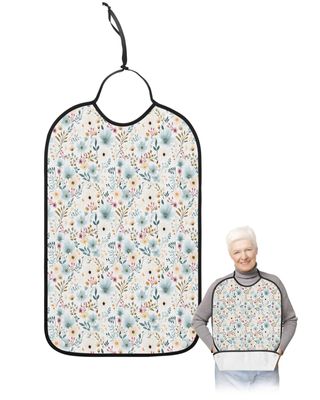 Adult Bibs for Elderly Women - Pastoral Botanical Waterproof Dining Clothing Protectors with Crumb Catcher for Eating/Feeding, Watercolor Teal Yellow Spring Floral Terry Cloth Bib Machine Washable
