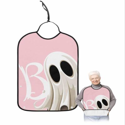 Kewadony Adult Bibs for Elderly Women - Pink Halloween Ghost Waterproof Dining Clothing Protectors with Crumb Catcher for Eating/Feeding, Watercolor White Ghost Pink Terry Cloth Bib Machine Washable