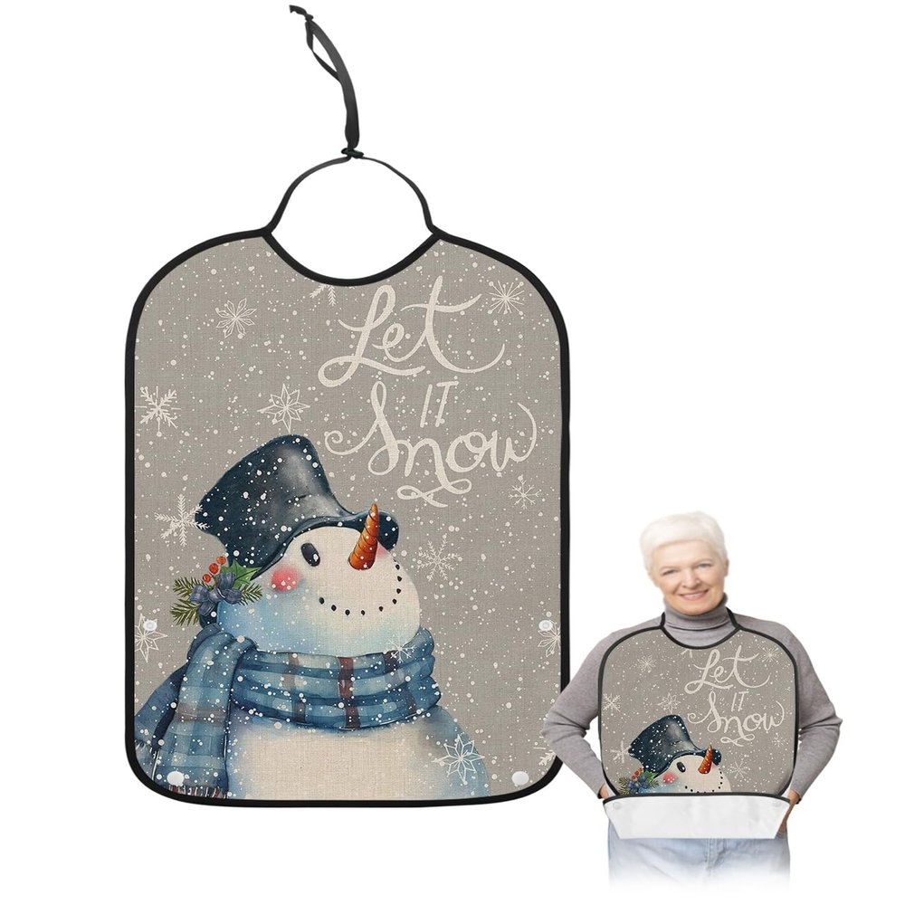 Adult Bibs for Elderly Women - Grey Snowman Christmas Waterproof Dining Clothing Protectors with Crumb Catcher for Eating/Feeding, Let Snow Xmas Winter Snowflake Terry Cloth Bib Machine Washable