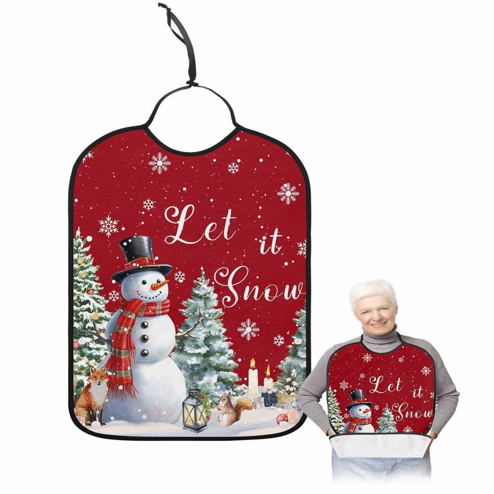 Kewadony Adult Bibs for Elderly Women - Red Christmas Snowman Waterproof Dining Clothing Protectors with Crumb Catcher for Eating/Feeding, Xmas Tree Winter Snowflake Terry Cloth Bib Machine Washable