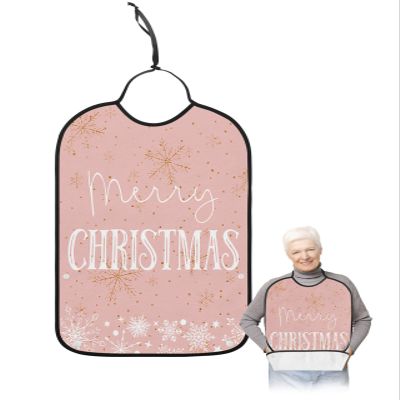 Adult Bibs for Elderly Women - Pink Merry Christmas Waterproof Dining Clothing Protectors with Crumb Catcher for Eating/Feeding, Xmas Winter Snowflake Yellow Pink Terry Cloth Bib Machine Washable