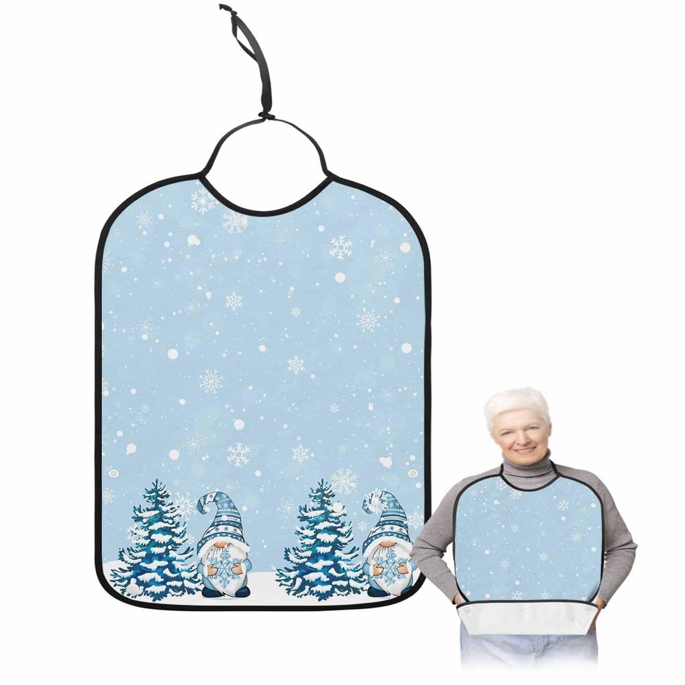 Adult Bibs for Elderly Women - Blue Christmas Gnomes Waterproof Dining Clothing Protectors with Crumb Catcher for Eating/Feeding, Xmas Tree Snowflake Winter Blue Terry Cloth Bib Machine Washable