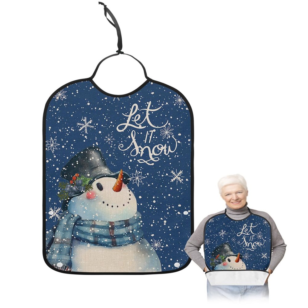 Adult Bibs for Elderly Women - Blue Snowman Christmas Waterproof Dining Clothing Protectors with Crumb Catcher for Eating/Feeding, Xmas Winter Snowflake Let Snow Terry Cloth Bib Machine Washable