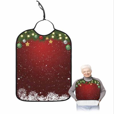 Adult Bibs for Elderly Women - Red Christmas Waterproof Dining Clothing Protectors with Crumb Catcher for Eating/Feeding, Xmas Botanical Balls Winter Snowflake Terry Cloth Bib Machine Washable