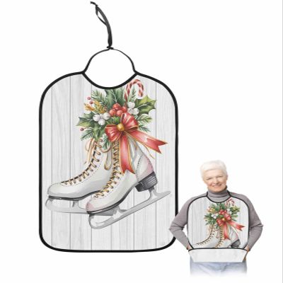 Kewadony Adult Bibs for Elderly Women - Christmas Waterproof Dining Clothing Protectors with Crumb Catcher for Eating/Feeding, Xmas Pink Cones Botanical Retro Wooden Terry Cloth Bib Machine Washable