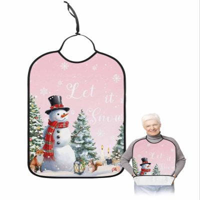 Kewadony Adult Bibs for Elderly Women - Pink Christmas Snowman Waterproof Dining Clothing Protectors with Crumb Catcher for Eating/Feeding, Xmas Tree Winter Snowflake Terry Cloth Bib Machine Washable