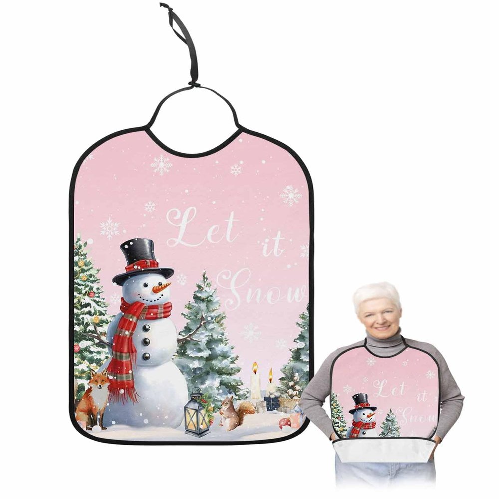 Kewadony Adult Bibs for Elderly Women - Pink Christmas Snowman Waterproof Dining Clothing Protectors with Crumb Catcher for Eating/Feeding, Xmas Tree Winter Snowflake Terry Cloth Bib Machine Washable