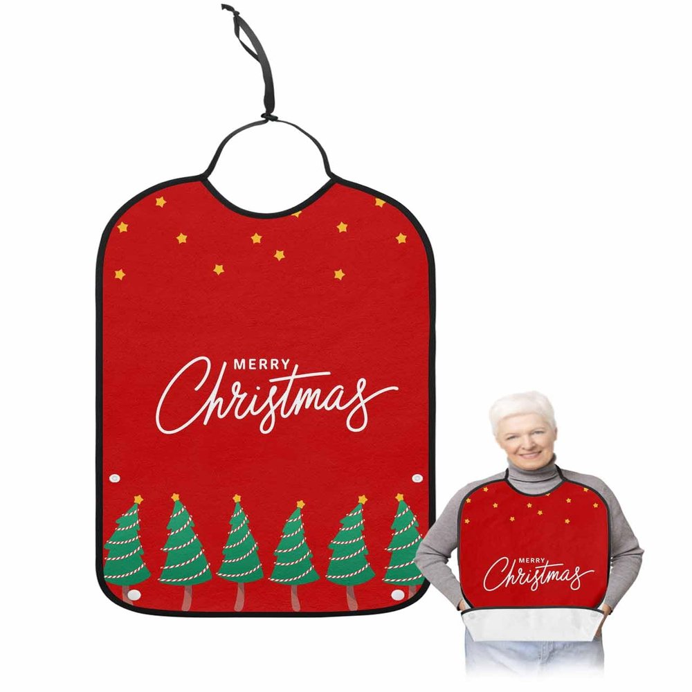 Kewadony Adult Bibs for Elderly Women - Merry Christmas Waterproof Dining Clothing Protectors with Crumb Catcher for Eating/Feeding, Christmas Tree Xmas Star Red Terry Cloth Bib Machine Washable