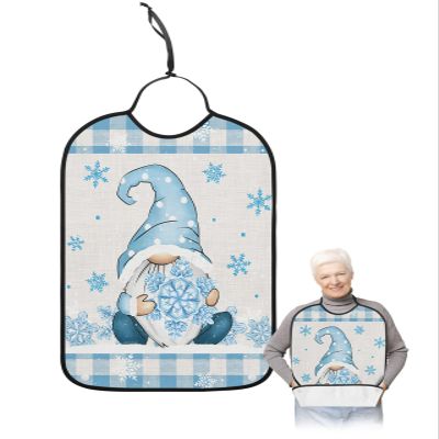 Adult Bibs for Elderly Women - Blue Plaid Gnomes Christmas Waterproof Dining Clothing Protectors with Crumb Catcher for Eating/Feeding, Xmas Winter Snowflake Rustic Terry Cloth Bib Machine Washable