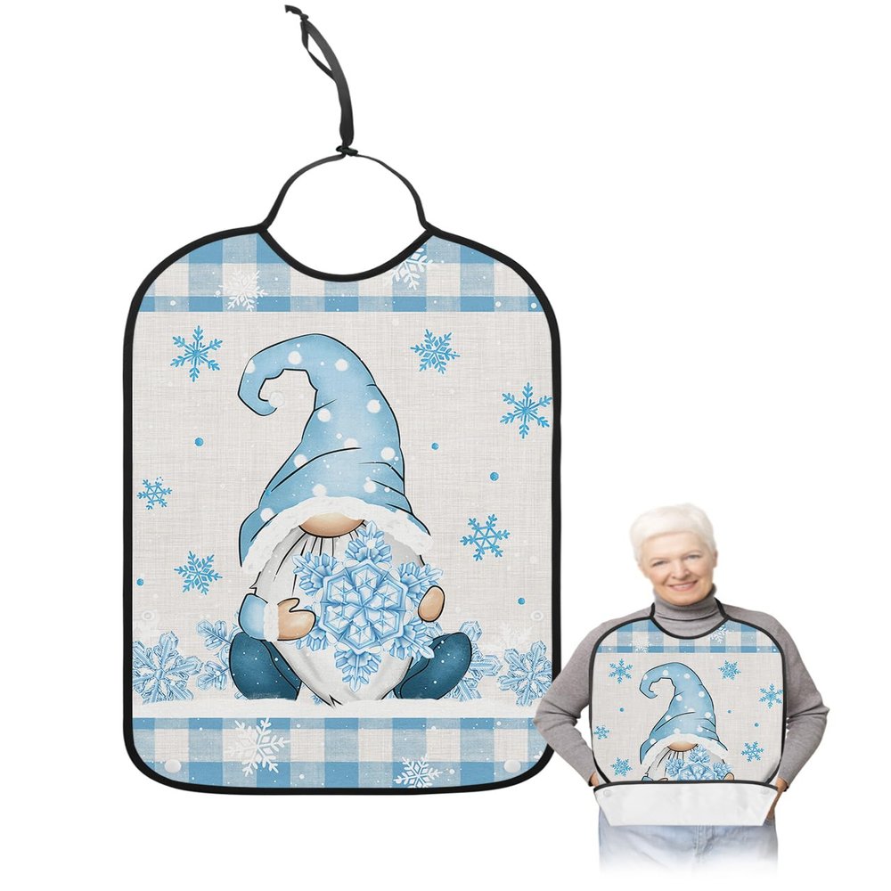 Adult Bibs for Elderly Women - Blue Plaid Gnomes Christmas Waterproof Dining Clothing Protectors with Crumb Catcher for Eating/Feeding, Xmas Winter Snowflake Rustic Terry Cloth Bib Machine Washable