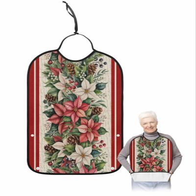 Adult Bibs for Elderly Women - Christmas Poinsettia Waterproof Dining Clothing Protectors with Crumb Catcher for Eating/Feeding, Red Pink Xmas Botanical Vintage Terry Cloth Bib Machine Washable